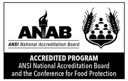Mark drawing for ANAB. ANSI NATIONAL ACCREDITATION BOARD ACCREDITED PROGRAM ANSI NATIONAL ACCREDITATION BOARD AND THE CONFERENCE FOR FOOD PROTECTION