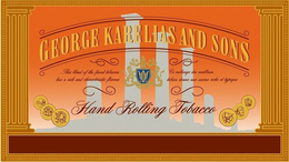 Mark drawing for GEORGE KARELIAS AND SONS HAND ROLLING TOBACCO THIS BLEND OF THE FINEST TOBACCOS HAS A RICH AND CHARACTERISTIC FLAVOUR CE MELANGE DES MEILLEURS TABACS DONNE UNE SAVEUR RICHE ET TYPIQUE