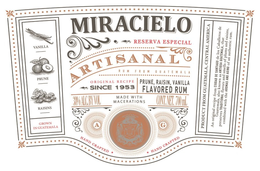 Mark drawing for MIRACIELO RESERVA ESPECIAL ARTISANAL RUM FROM GUATEMALA ORIGINAL RECIPE SINCE 1953 PRUNE, RAISIN, VANILLA FLAVORED RUM 38% ALC. BY VOL MADE WITH MACERATIONS CONT. NET. 700 ML VANILLA PRUNE RAISINS GROWN IN GUATEMALA HAND CRAFTED HAND CRAFTED A G PRODUCT FROM GUATEMALA, CENTRAL AMERICA AN ORIGINAL RECIPE FROM CIUDAD DE SANTIAGO DE LOS CABALLEROS DE GUATEMALA, ALSO KNOWN AS ANTIGUA GUATEMALA, THAT PRESERVES TRADITIONAL FLAVORS AND SMELLS OF PLUMS AND RAISINS, COMBINED WITH THE AROMAS AND AGING OF AN AUTHENTIC RUM