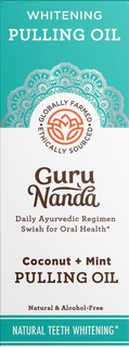 Mark drawing for WHITENING PULLING OIL • GLOBALLY FARMED ETHICALLY SOURCED • GURU NANDA DAILY AYURVEDIC REGIMEN SWISH FOR ORAL HEALTH* COCONUT + MINT PULLING OIL NATURAL & ALCOHOL-FREE NATURAL TEETH WHITENING*