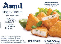Mark drawing for AMUL HAPPY TREATS READY TO COOK & SERVE MADE WITH AMUL PRODUCTS FABRIQUÉ AVEC DES PRODUITS AMUL MASALA PANEER NUGGETS MASALA PANEER PÉPITES SPICY AND CRISPY COTTAGE CHEESE TRIANGLES COATED WITH THE BATTER TRIANGLES DE FROMAGE BLANC ÉPICÉS ET CROUSTILLANTS ENROBÉS DE PÂTE À FRIR