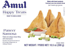 Mark drawing for AMUL HAPPY TREATS READY TO COOK & SERVE MADE WITH AMUL PRODUCTS FABRIQUÉ AVEC DES PRODUITS AMUL PANEER SAMOSA POTATO AND COTTAGE CHEESE FILLING WITH MIXED SPICES GARNITURE DE POMMES DE TERRE ET DE FROMAGE COTTAGE AVEC UN MÉLANGE D'ÉPICES