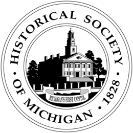 Mark drawing for • HISTORICAL SOCIETY • OF MICHIGAN • 1828 • MICHIGAN'S FIRST CAPITOL