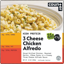 Mark drawing for COUNTER SERVING SUGGESTION HIGH PROTEIN 3 CHEESE CHICKEN ALFREDO DICED GRILLED CHICKEN, ROAST GARLIC, ELBOW PASTA IN A CREAMY THREE CHEESE ALFREDO SAUCE NET WT. 10 OZ (284G) COOK THOROUGHLY · KEEP FROZEN 31 G PROTEIN PER SERVING 370 CALORIES PER SERVING INSPECTED FOR WHOLESOMENESS BY U.S. DEPARTMENT OF AGRICULTURE P-07644 38G TOTAL CARBS 10G TOTAL FAT 31G TOTAL PROTEIN