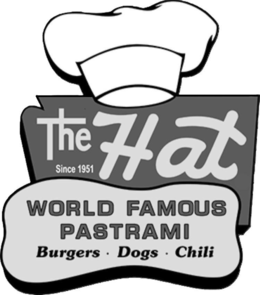 Mark drawing for THE HAT SINCE 1951 WORLD FAMOUS PASTRAMI BURGERS • DOGS • CHILI